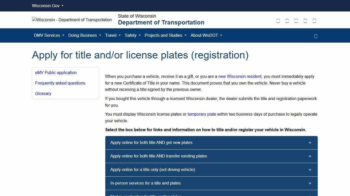 Wisconsin DMV Official Government Site - Title and register your vehicle with eMV Public